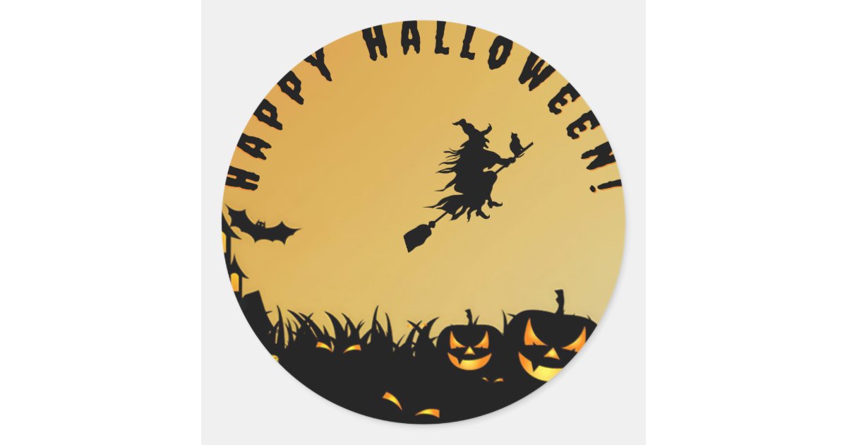 Happy halloween black witch classic round sticker | Zazzle