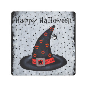 Happy Halloween Black Witch Hat Spider Black Stars Metal Print