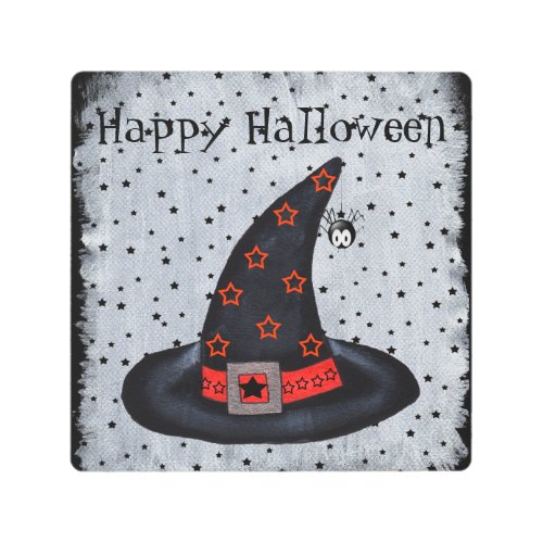 Happy Halloween Black Witch Hat Spider Black Stars Metal Print
