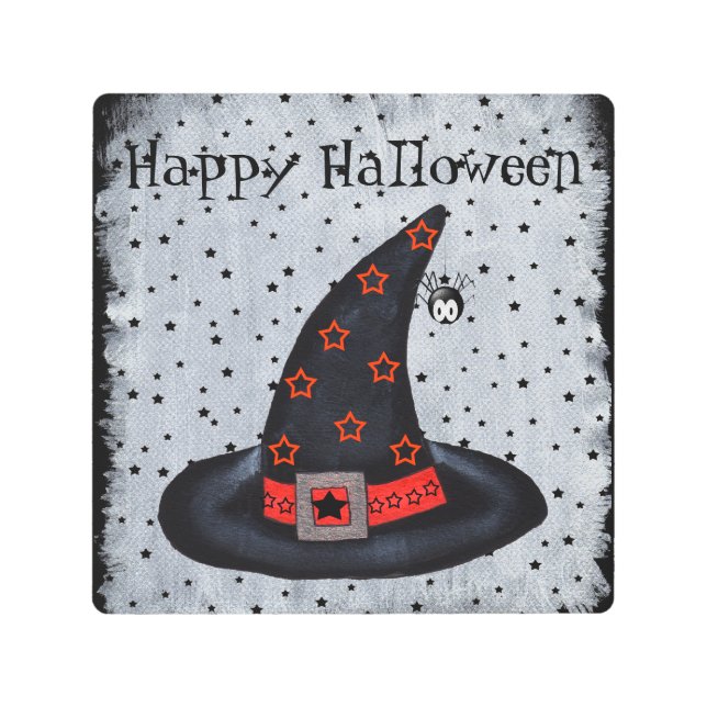 Happy Halloween Black Witch Hat Spider Black Stars Metal Print (Front)