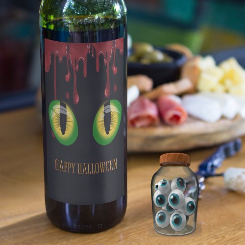 Happy Halloween Blood  Creepy Green Monster Eyes  Wine Label