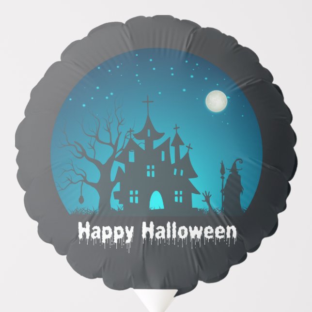 Happy Halloween Blue and Black Haunted House Balloon (Front)