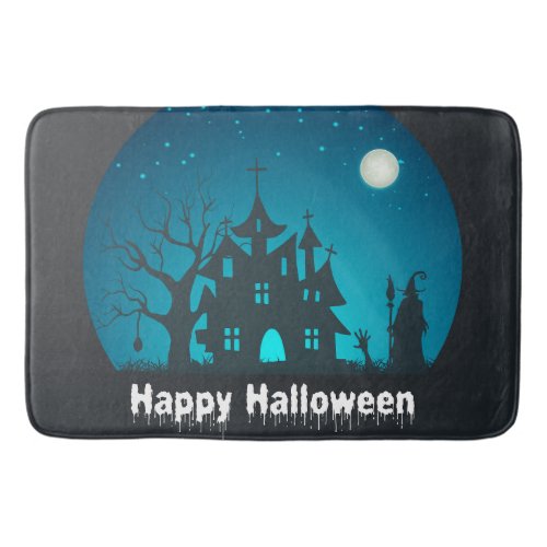 Happy Halloween Blue and Black Haunted House Bath Mat