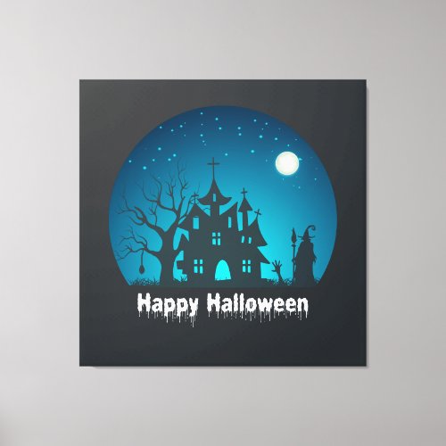 Happy Halloween Blue and Black Haunted House Canvas Print
