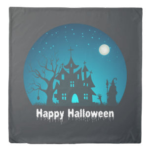 Happy Halloween Blue and Black Haunted House Duvet Cover