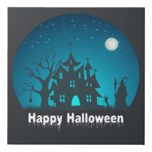 Happy Halloween Blue and Black Haunted House Faux Canvas Print