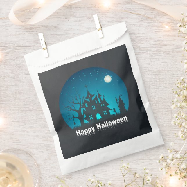 Happy Halloween Blue and Black Haunted House Favor Bag (Clipped)