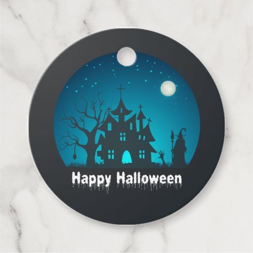 Happy Halloween Blue and Black Haunted House Favor Tags