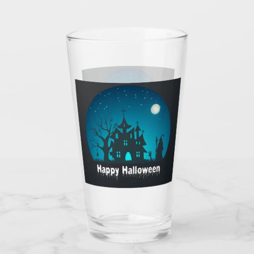 Happy Halloween Blue and Black Haunted House Glass