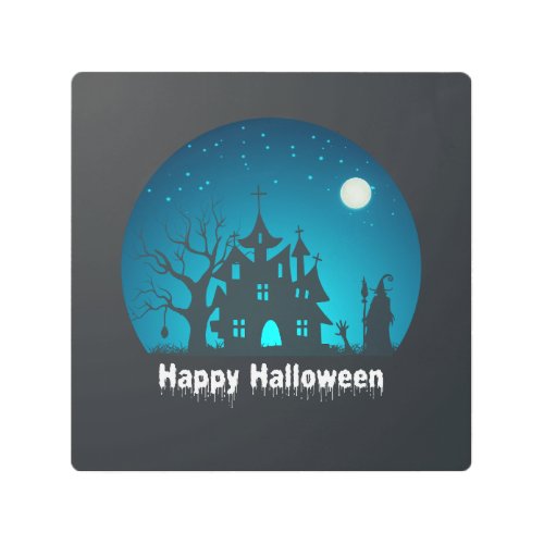 Happy Halloween Blue and Black Haunted House Metal Print