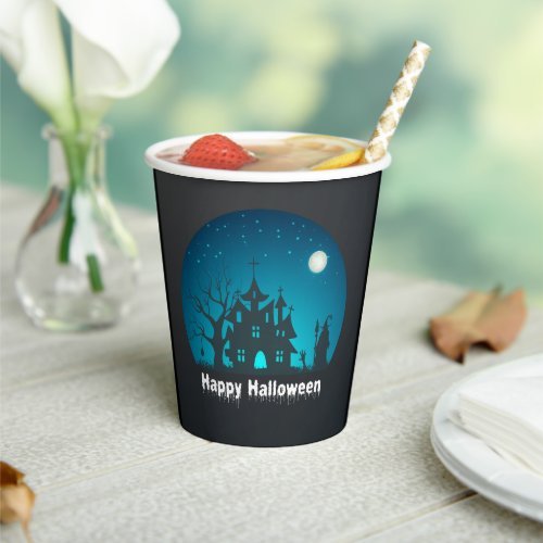 Happy Halloween Blue and Black Haunted House Paper Cups