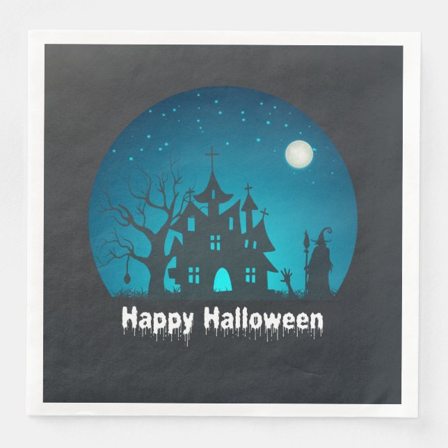 Happy Halloween Blue and Black Haunted House Paper Dinner Napkins (Front)