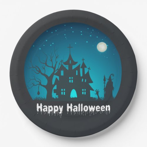 Happy Halloween Blue and Black Haunted House Paper Plates