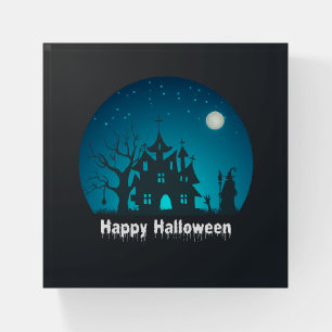 Happy Halloween Blue and Black Haunted House Paperweight