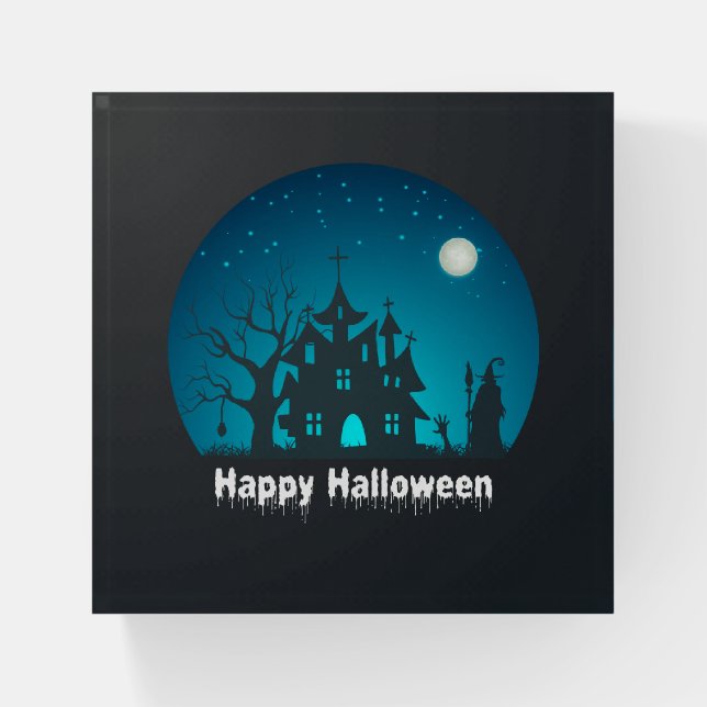 Happy Halloween Blue and Black Haunted House Paperweight (Front)