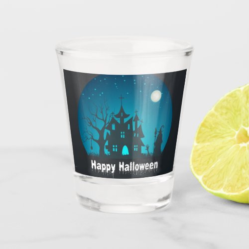 Happy Halloween Blue and Black Haunted House Shot Glass