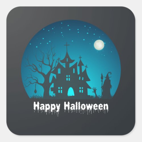 Happy Halloween Blue and Black Haunted House Square Sticker