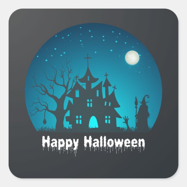 Happy Halloween Blue and Black Haunted House Square Sticker (Front)