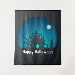 Happy Halloween Blue and Black Haunted House Tapestry