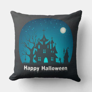 Happy Halloween Blue and Black Haunted House Throw Pillow