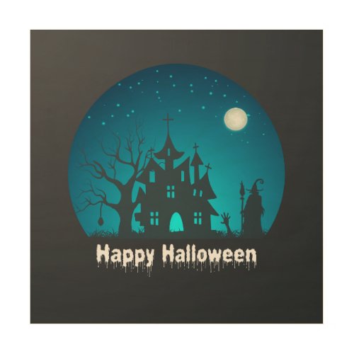 Happy Halloween Blue and Black Haunted House Wood Wall Art