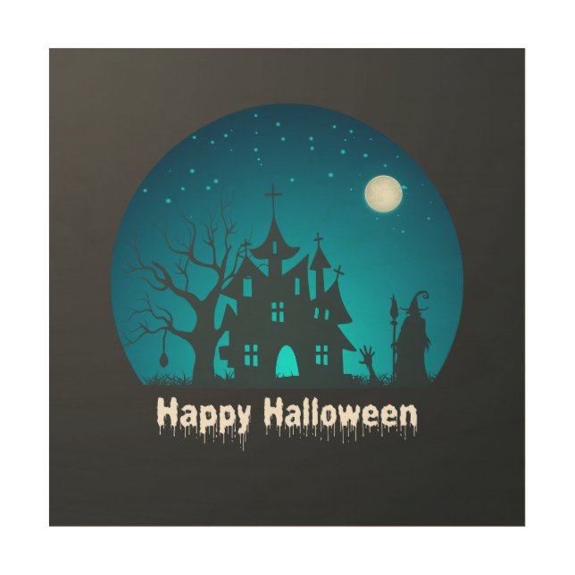 Happy Halloween Blue and Black Haunted House Wood Wall Art (Front)