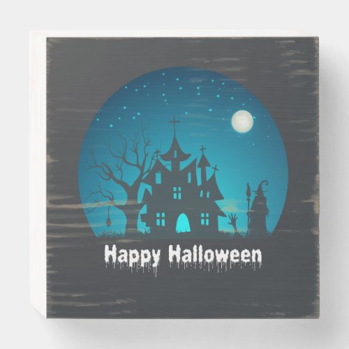 Happy Halloween Blue and Black Haunted House Wooden Box Sign