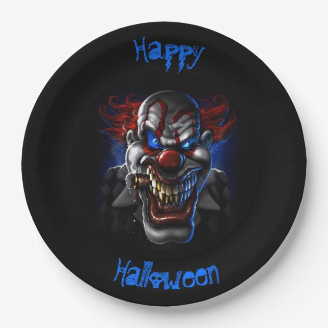 Happy Halloween Blue Eyes Evil Clown Paper Plates (Front)