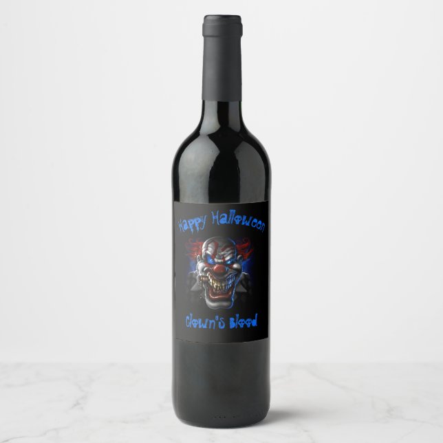 Happy Halloween Blue Eyes Evil Clown Wine Label (Front)