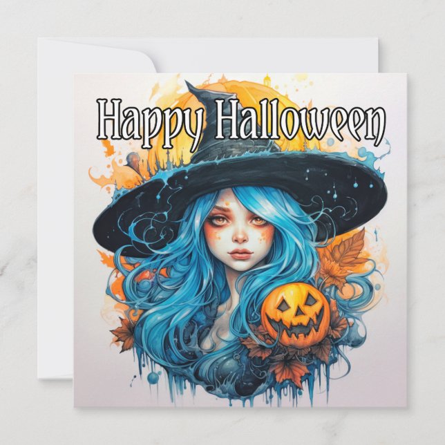 Happy Halloween | Blue Haired Witch Card (Front)