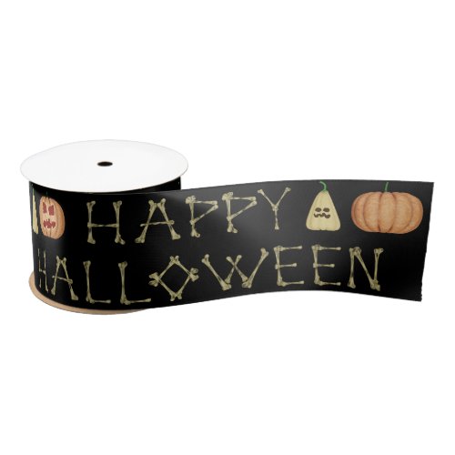 Happy Halloween Bone Letters Black Satin Ribbon