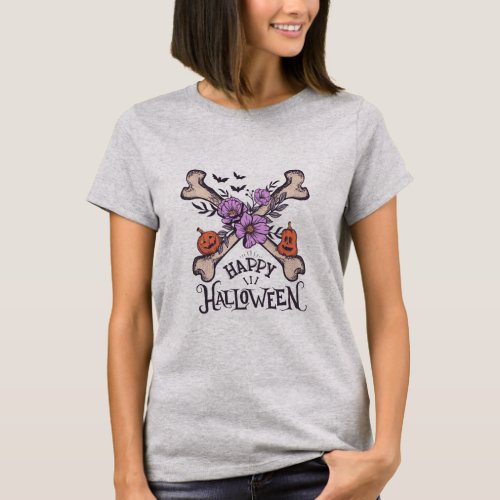 Happy Halloween Bones and Flowers Pumpkins T_Shirt