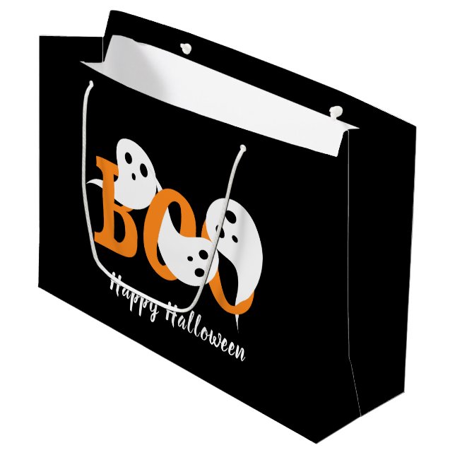 Happy Halloween Boo Ghosts Black Large Gift Bag (Front Angled)