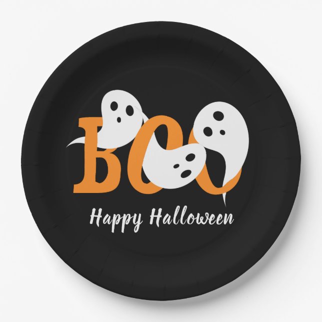 Happy Halloween Boo Ghosts Black Paper Plates (Front)