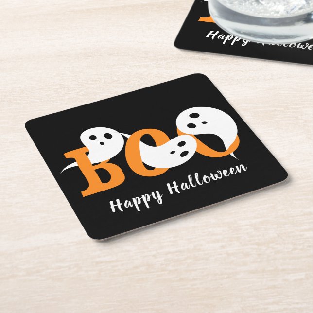 Happy Halloween Boo Ghosts Black Square Paper Coaster (Angled)
