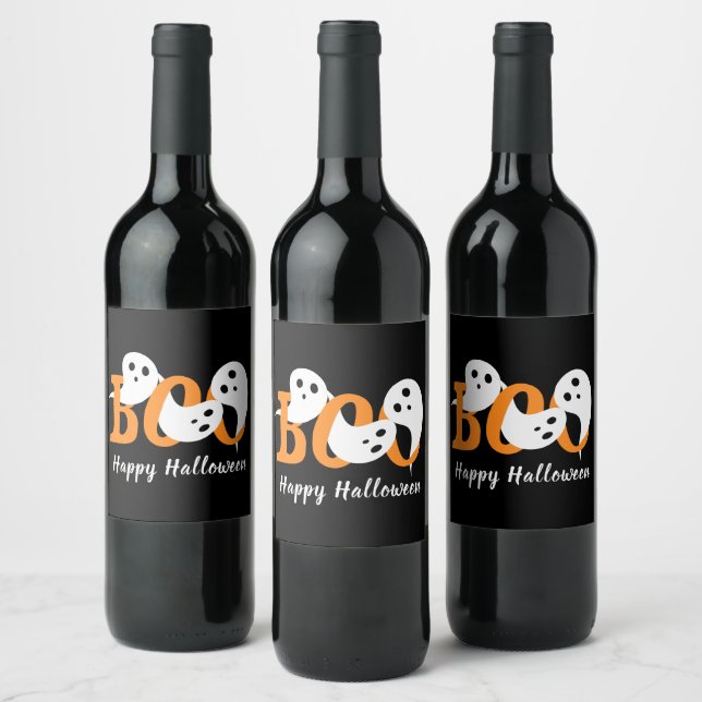 Happy Halloween Boo Ghosts Black Wine Label (Bottles)
