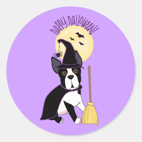 Happy Halloween Boston Terrier Witch Classic Round Sticker
