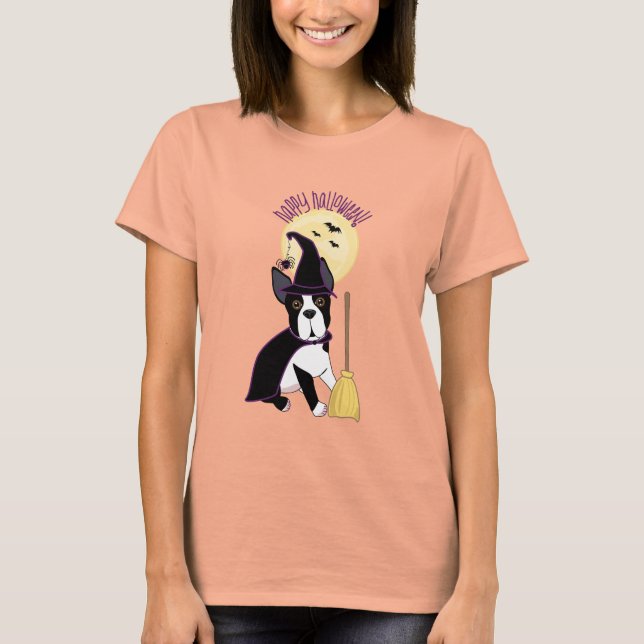 Happy Halloween Boston Terrier Witch T-Shirt (Front)