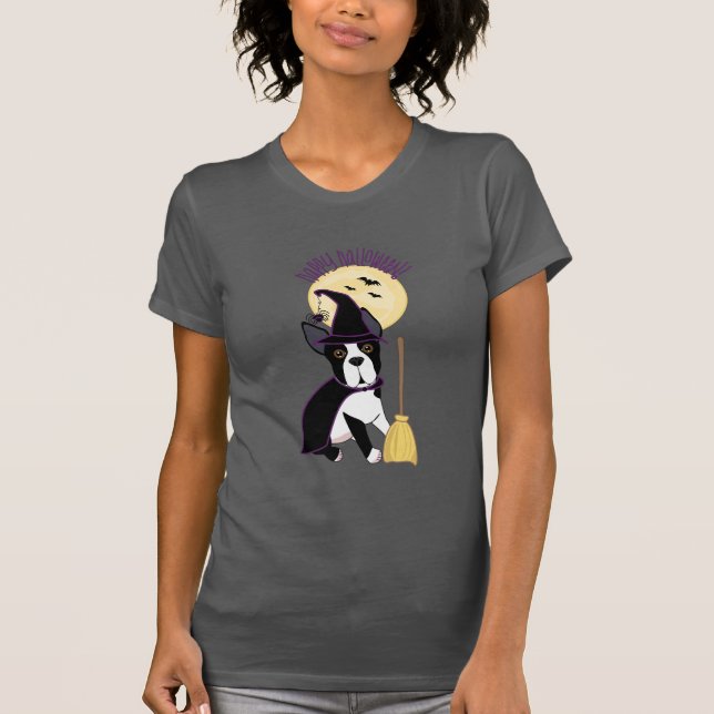 Happy Halloween Boston Terrier Witch T-Shirt (Front)