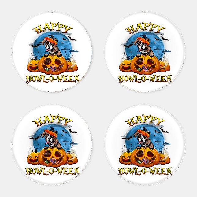 Happy Halloween Boxer With Moon Pumpkin Dog Lover Coaster Set (Set)