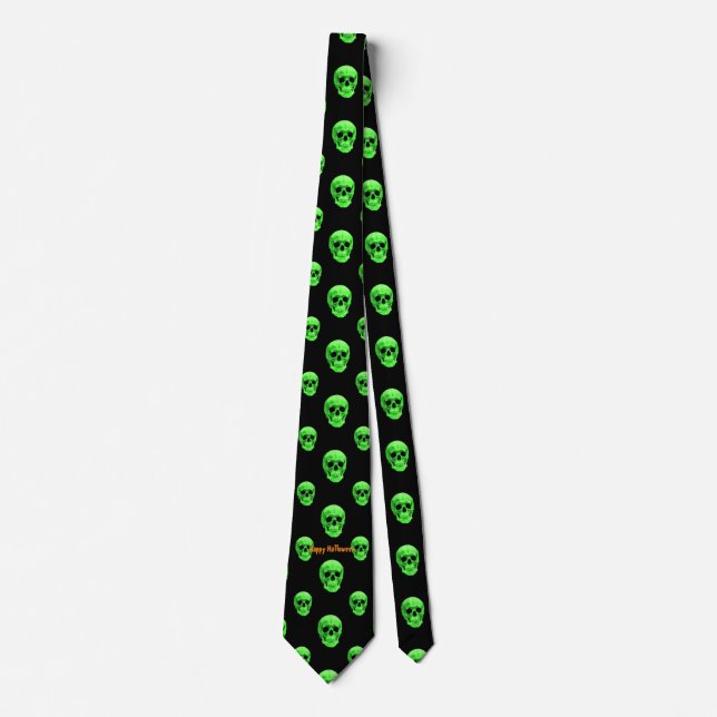 Happy Halloween Bright Green Skulls Neck Tie (Front)