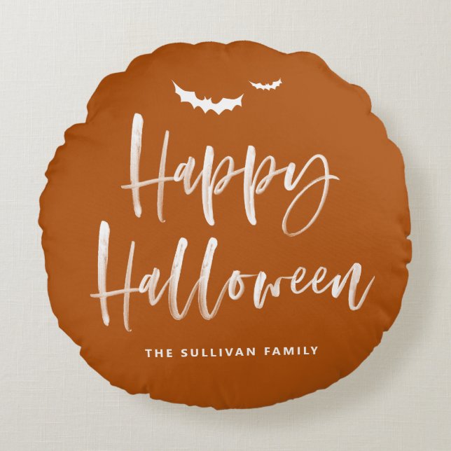 Happy Halloween Brush Lettering Burnt Orange  Round Pillow (Front)