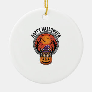 Happy Halloween Bulldog Witch Pumpkin Vintage Shir Ceramic Ornament