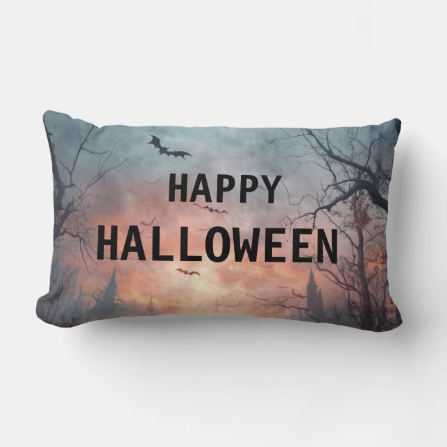 Happy Halloween Burlap Throw Lumbar Pillow (Front)