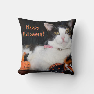 Happy Halloween Calico Cat with Pumpkin Throw Pillow
