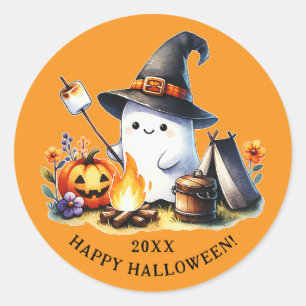 Happy Halloween Camping Cute Ghost Orange Classic Round Sticker