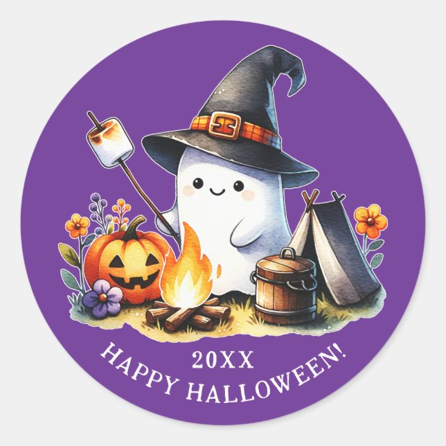 Happy Halloween Camping Cute Ghost Purple Classic Round Sticker (Front)