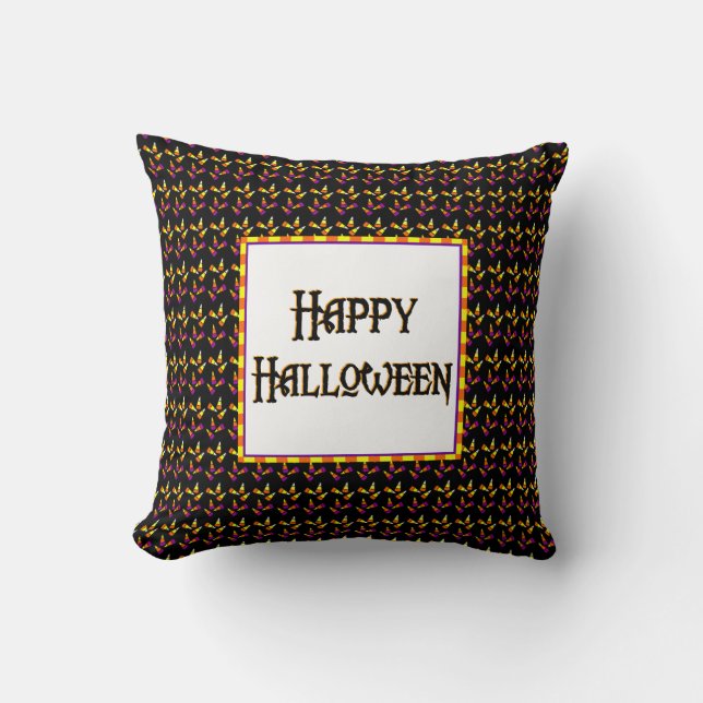 Happy Halloween Candy Corn on Black Pillow (Front)