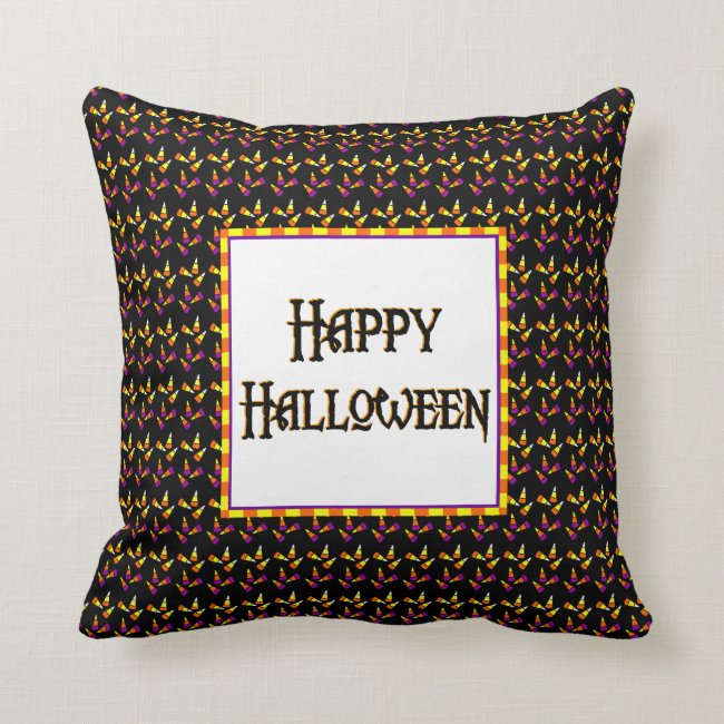 Happy Halloween Candy Corn on Black Pillow