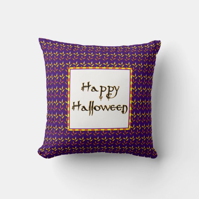 Happy Halloween Candy Corn on Purple Pillow (Front)